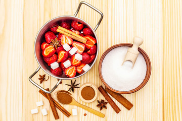 Strawberry jam. Ingredients for making homemade sweet dessert