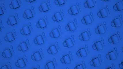 Blue mugs and spoons on blue background