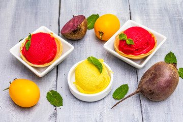 Assorted of beet and tomato ice cream, sorbet, gelato