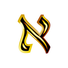 Golden Hebrew Alphabet. Brilliant Hebrew font. Letter gold Aleph. Vector illustration on isolated background..