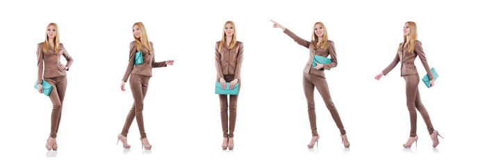 Model wearing fashionable clothing on white