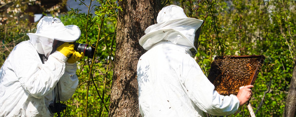 Photographer taking pictures of apiarist in garden