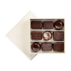 Chocolate candy set in white box isolated on white