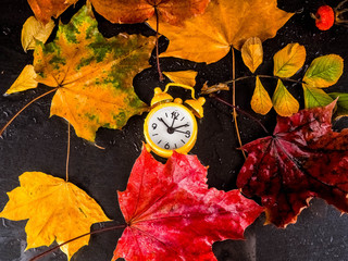 retro yellow clock and yellow autumn leaves on a black background, concept, fall, falling, as the substrate, flat lay