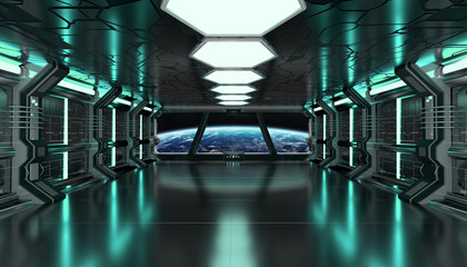 Dark green spaceship futuristic interior with window view on planet Earth 3d rendering
