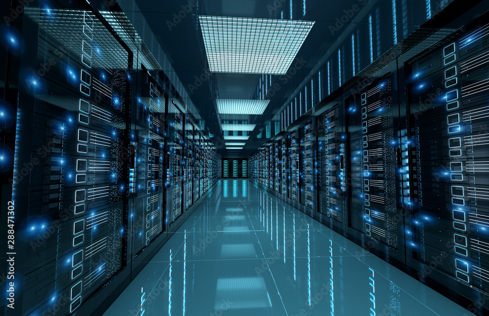 Poster dark servers center room with computers and storage systems 3d rendering