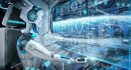 Robot cyborg in a control room flying a white modern spaceship with window view on space and digital graph 3D rendering © sdecoret
