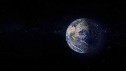 Fototapeta na wymiar Realistic 3D Rendering of the Planet Earth with the contrast of Night and Day in the Milky Way Galaxy, Background and Wallpaper with Space for Text