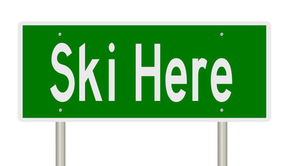 Rendering of a green highway sign for Ski Here