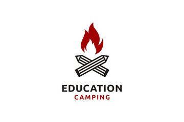 vintage campfire with pen logo design inspiration