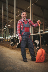 Farmer with showel in a cowshed on a dairy farm. © Nejron Photo