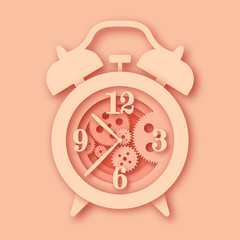 Old alarm clock. Paper style, in layers. The numbers. Arrows, mechanism of action, and gears. Creamy, powdery color with shadows.