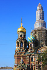 Church of Our Savior on Spilled Blood architecture in Saint Petersburg, Russia. Orthodox cathedral decorative facade close up view with on empty sky background 