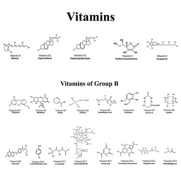 Water soluble. molecular formulas of vitamins. Infographics. Vector illustration on an isolated background.