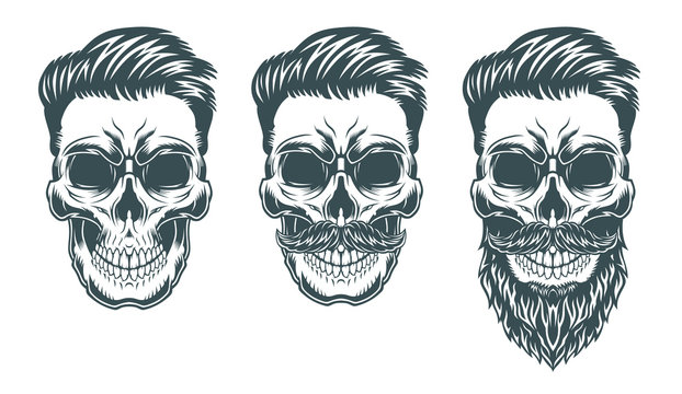 Skulls with Hipster hair, mustache and beards.