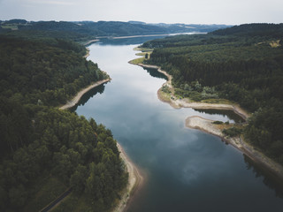Aerial view on blue lake and green forset