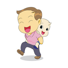 lovely dad and son walking. son ride on dad's back. happy and smile. vector illustration isolated cartoon hand drawn