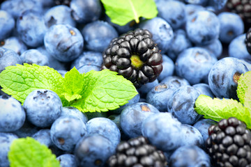 Blueberry and blackberry background. Ripe and juicy fresh picked blueberries closeup