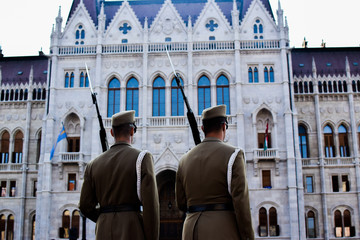 Hungarians soldiers guarding a palace in Budapest