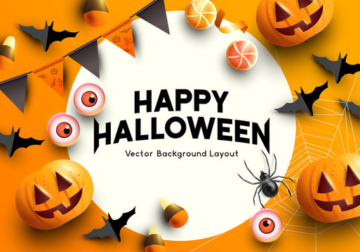 A set of halloween themed party decorations. Top down view with room for copy. Vector illustration