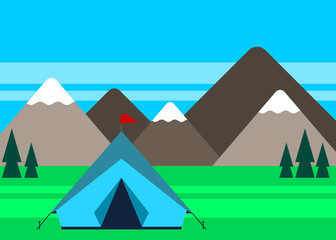 Camping site with a tent and mountains in the background. Camping, hiking, nature tourism, adventure trip, escape to nature, outdoor activity, concept. Vector illustration, flat style, clip art. 