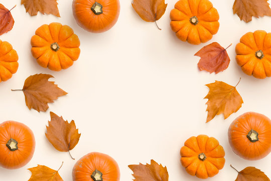 A contemporary Autumn frame background with pumpkins and leaves.