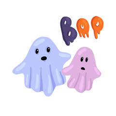 vector set for Halloween. Illustrations and lettering in hand drawn flat style. Cast and calligraphy 