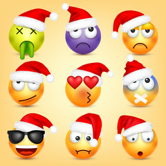 Emoticon vector set. Yellow face with emotions and Christmas hat. New Year, Santa. Winter emoji. Sad, happy, angry faces. Funny cartoon character mood. 