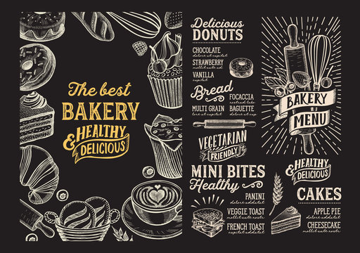Bakery menu food template for restaurant with doodle hand-drawn graphic.