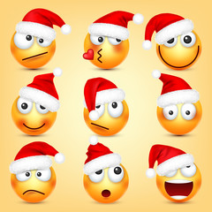 Emoticon vector set. Yellow face with emotions and Christmas hat. New Year, Santa. Winter emoji. Sad, happy, angry faces. Funny cartoon character mood. 