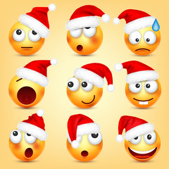 Emoticon vector set. Yellow face with emotions and Christmas hat. New Year, Santa. Winter emoji. Sad, happy, angry faces. Funny cartoon character mood. 