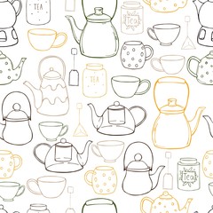 Tea set. Teapots, cups and cans for tea. Vector  seamless  pattern