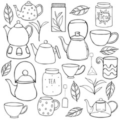Tea set. Teapots, cups and cans for tea. Vector sketch  illustration.