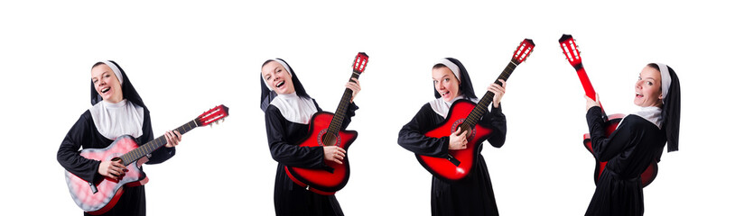 Obraz premium Nun playing guitar isolated on white