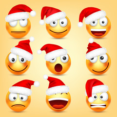 Emoticon vector set. Yellow face with emotions and Christmas hat. New Year, Santa. Winter emoji. Sad, happy, angry faces. Funny cartoon character mood. 
