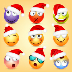 Emoticon vector set. Yellow face with emotions and Christmas hat. New Year, Santa. Winter emoji. Sad, happy, angry faces. Funny cartoon character mood. 
