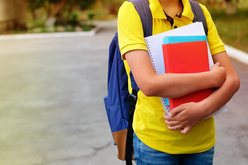 Books and notebooks in the hands of a child