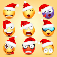 Emoticon vector set. Yellow face with emotions and Christmas hat. New Year, Santa. Winter emoji. Sad, happy, angry faces. Funny cartoon character mood. 