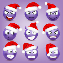 Emoticon vector set. Violet face with emotions and Christmas hat. New Year, Santa. Winter emoji. Sad, happy, angry faces. Funny cartoon character mood. 