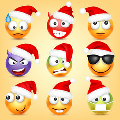 Emoticon vector set. Yellow face with emotions and Christmas hat. New Year, Santa. Winter emoji. Sad, happy, angry faces. Funny cartoon character mood. 