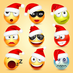 Emoticon vector set. Yellow face with emotions and Christmas hat. New Year, Santa. Winter emoji. Sad, happy, angry faces. Funny cartoon character mood. 