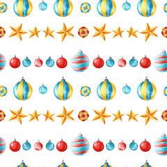 Watercolor bright seamless pattern with different glass balls in a vintage style in red, green and gold colors. Can be used as Christmas design for wrapping, postcards, and textile