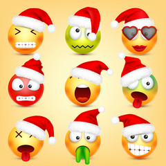 Emoticon vector set. Yellow face with emotions and Christmas hat. New Year, Santa. Winter emoji. Sad, happy, angry faces. Funny cartoon character mood. 