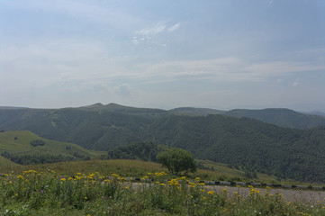 Gumbashi pass view in the russian caucasus, green meadow landscape at an altitude of above 2000 m