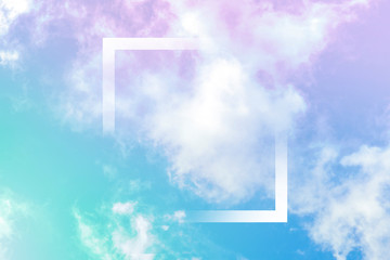 Neon pastel toned abstract sky background with clouds and a frame, a design template with a place for a quote and logo