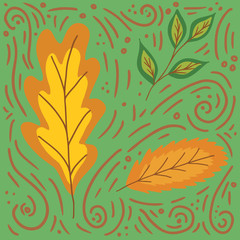 Fototapeta na wymiar Autumn yellow and brown leaves in doodle style on a green background, vector