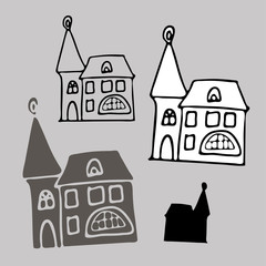 Isolated black and white silhouettes of fairytale houses.