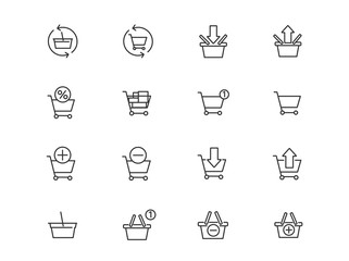 Baskets for online store vector linear icons set. Cart outline symbols pack. Collection of shopping baskets isolated contour illustrations. Empty basket. Add to cart. Shopping basket. E-commerce