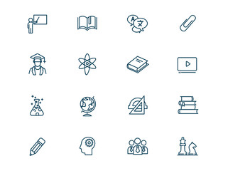 Science and education vector linear icons set. Elements education outline symbols pack. Collection of simple education icons isolated contour illustrations. Teacher. Atom. Textbooks. Students. Globe
