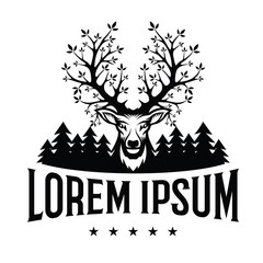 Elk Deer Logo icon vector with leaf in horn. Vintage Head forest background.